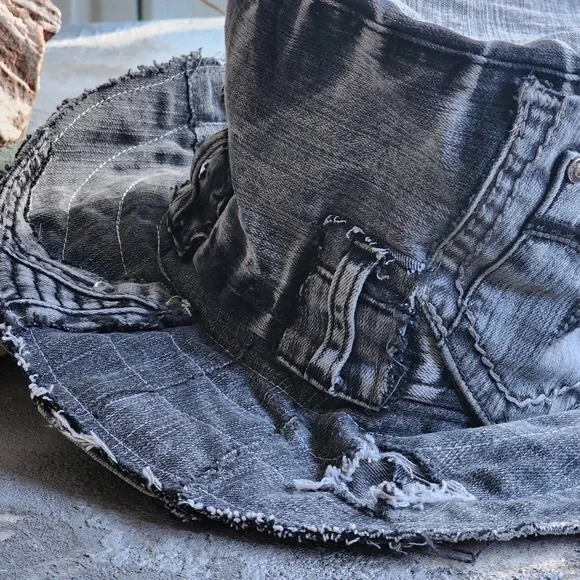 Designer Hat Shabby Chic Stovepipe Upcycled Black Denim Top  display picture 2